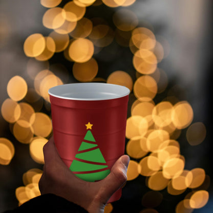 Steel Chill Cups 16 oz. Party Cups 'Happy Holidays' Christmas Tree Design for Cold Drinks, Durable, Disposable, Recyclable, Made in USA, Red, 12 Count