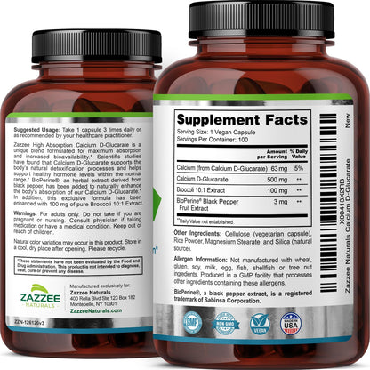 Zazzee High Absorption Calcium D-Glucarate, 500 mg per Capsule, 3 mg BioPerine for Enhanced Absorption, 100 Vegan Capsules, Plus Broccoli 10:1 Extract, 100% Vegetarian, CDG, All-Natural and Non-GMO