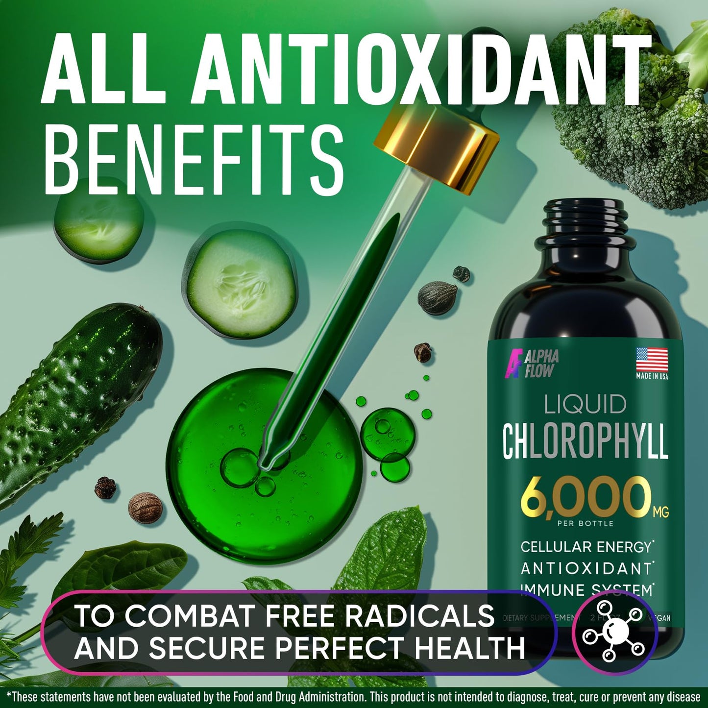 Chlorophyll Liquid Drops 6000 mg - Premium Liquid Chlorophyll Supplement - All-in-One Antioxidant for Immune Boost, Energy Increase, Digestion Support & Fast Detox - Non-GMO, Vegan