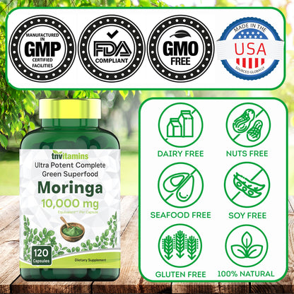 tnvitamins Moringa Capsules 10,000 mg - 120 Capsules | Pure Moringa Oleifera Leaf Powder Supplement | Powerful Green Superfood | Super Greens Powder Pills | Non-GMO, Made in The USA!