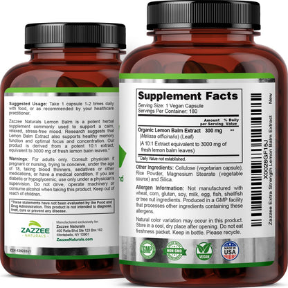 Zazzee Organic Lemon Balm 10:1 Extract, 3000 mg Strength per Capsule, 180 Vegan Capsules, 6 Month Supply, Standardized and Concentrated 10X Extract, 100% Vegetarian, All-Natural and Non-GMO