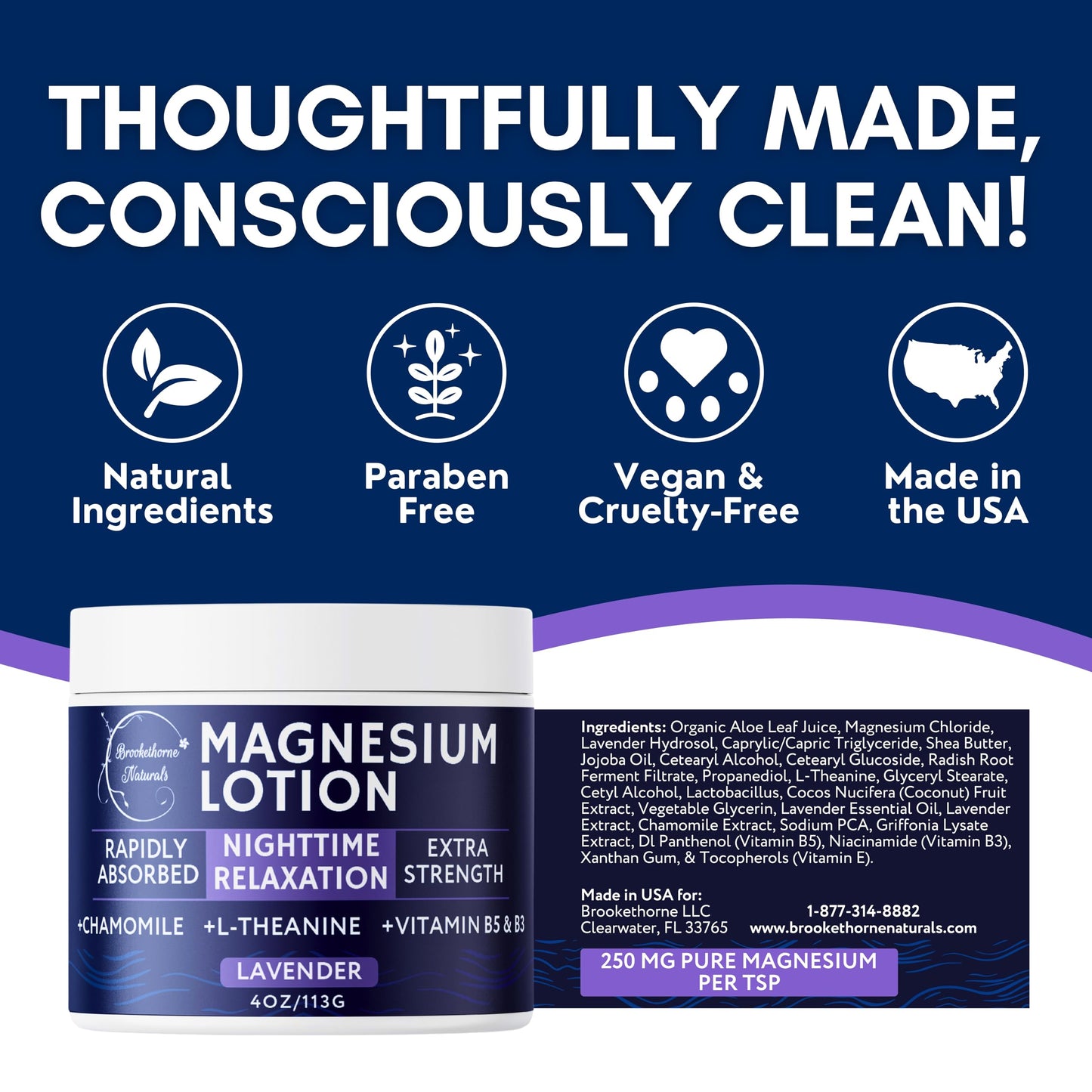 Brookethorne Naturals Nighttime Magnesium Lotion for Sleep | Lavender Magnesium Cream with L-Theanine & Chamomile | Topical Cream for Relaxation Adults & Kids | Non-Greasy, Vegan, Made in USA | 4oz