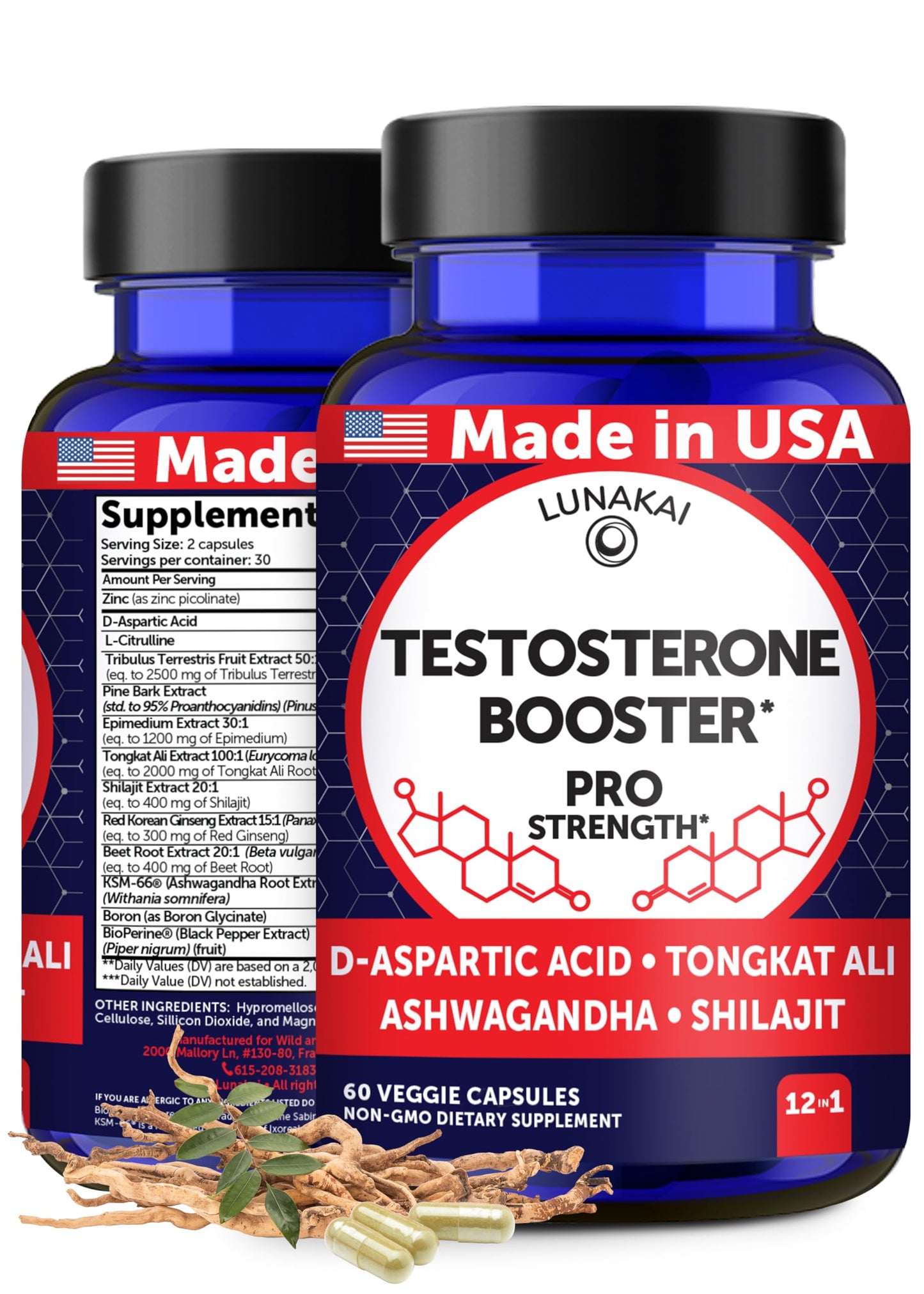 Lunakai USA Made Natural Testosterone Booster for Men with Tongkat Ali, Ashwagandha & Shilajit - Testosterone Supplement for Strength, Energy & Stamina, 60ct
