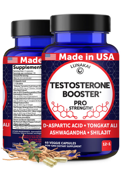 Lunakai USA Made Natural Testosterone Booster for Men with Tongkat Ali, Ashwagandha & Shilajit - Testosterone Supplement for Strength, Energy & Stamina, 60ct