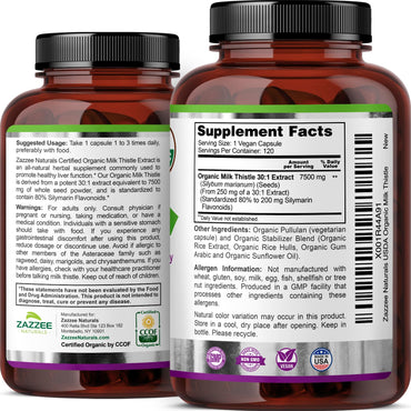 Zazzee USDA Organic Milk Thistle 30:1 Extract, 7500 mg Strength, 120 Vegan Capsules, 80% Silymarin Flavonoids, Standardized and Concentrated 30X Extract, 100% Vegetarian, All-Natural and Non-GMO