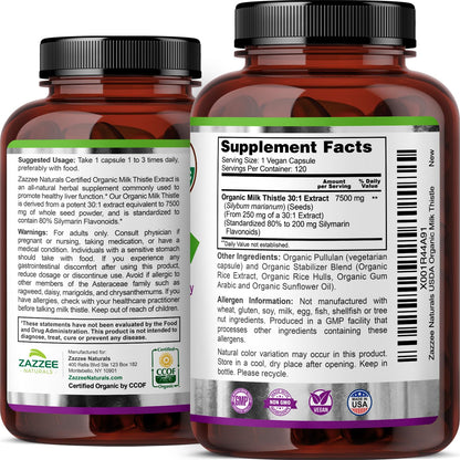 Zazzee USDA Organic Milk Thistle 30:1 Extract, 7500 mg Strength, 120 Vegan Capsules, 80% Silymarin Flavonoids, Standardized and Concentrated 30X Extract, 100% Vegetarian, All-Natural and Non-GMO
