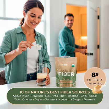 LIVEGOOD Organic Fiber Powder with Agave Inulin, Psyllium Husk, Pea Fiber, 10 Plant-Based Sources for Digestion Detox, Gut Support and Daily Wellness, Organic Fiber Supplement (30 Servings)