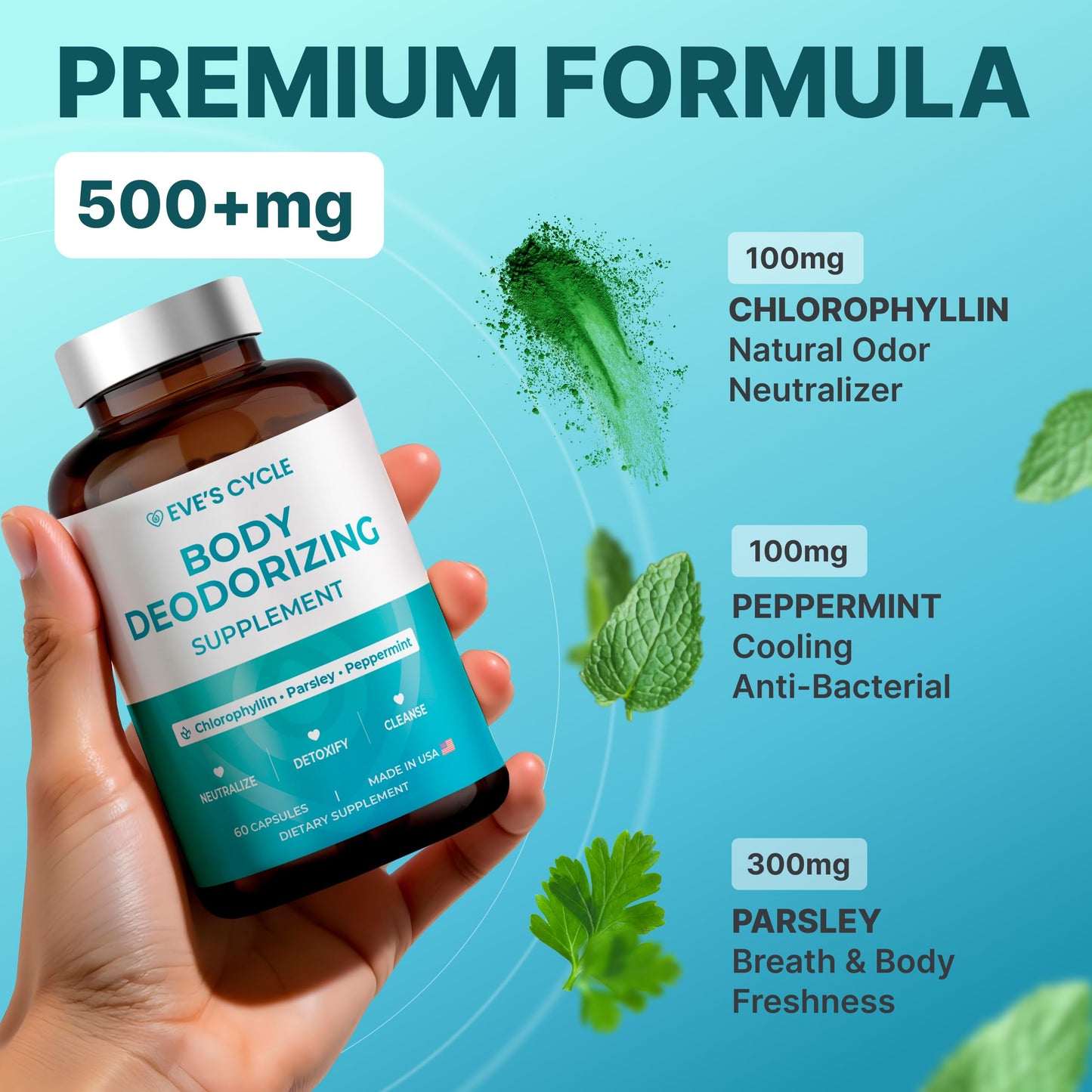 Body Deodorizing Supplement – Natural Internal Deodorant Chlorophyll Capsules with Chlorophyllin, Parsley & Peppermint – 60 Vegan 500mg+ Chlorophyll Pills – Daily Detox & Cleanse Support – Made in USA