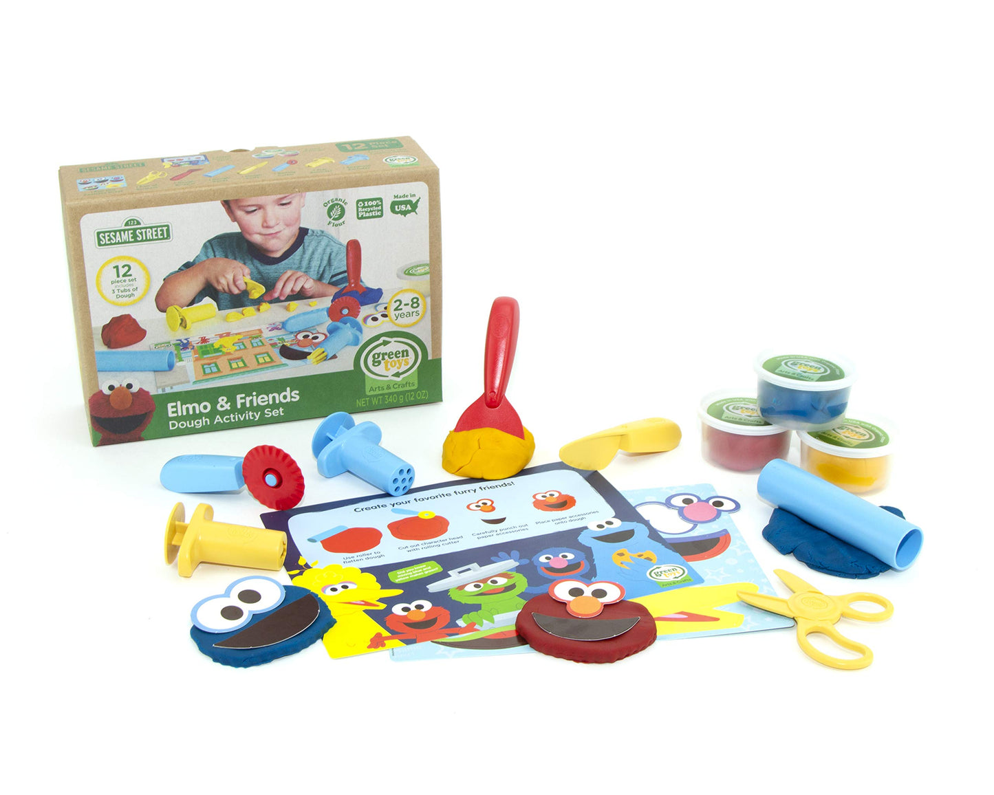Green Toys Sesame Street Elmo & Friends Dough Activity Set - 12 Piece Pretend Play, Motor Skills, Creative Arts & Crafts Kids Toy Set. No BPA, phthalates, PVC. Dishwasher Safe Recycled Plastic Tools, Organic Dough, Made in the USA.