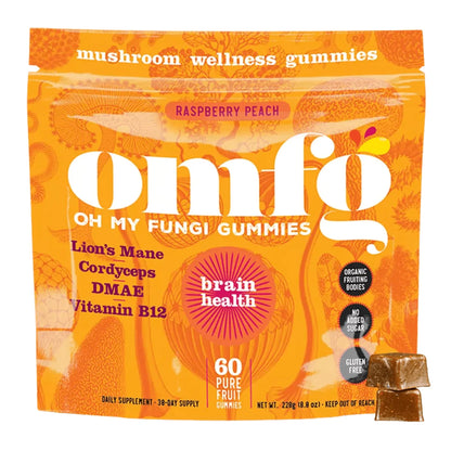 OH MY FUNGI GUMMIES Mushroom Supplement for Brain Health Support – Lions Mane, Cordyceps, B12, DMAE – Vegan Gummy for Focus, Energy & Clarity – Raspberry Peach Flavor (60 Count)