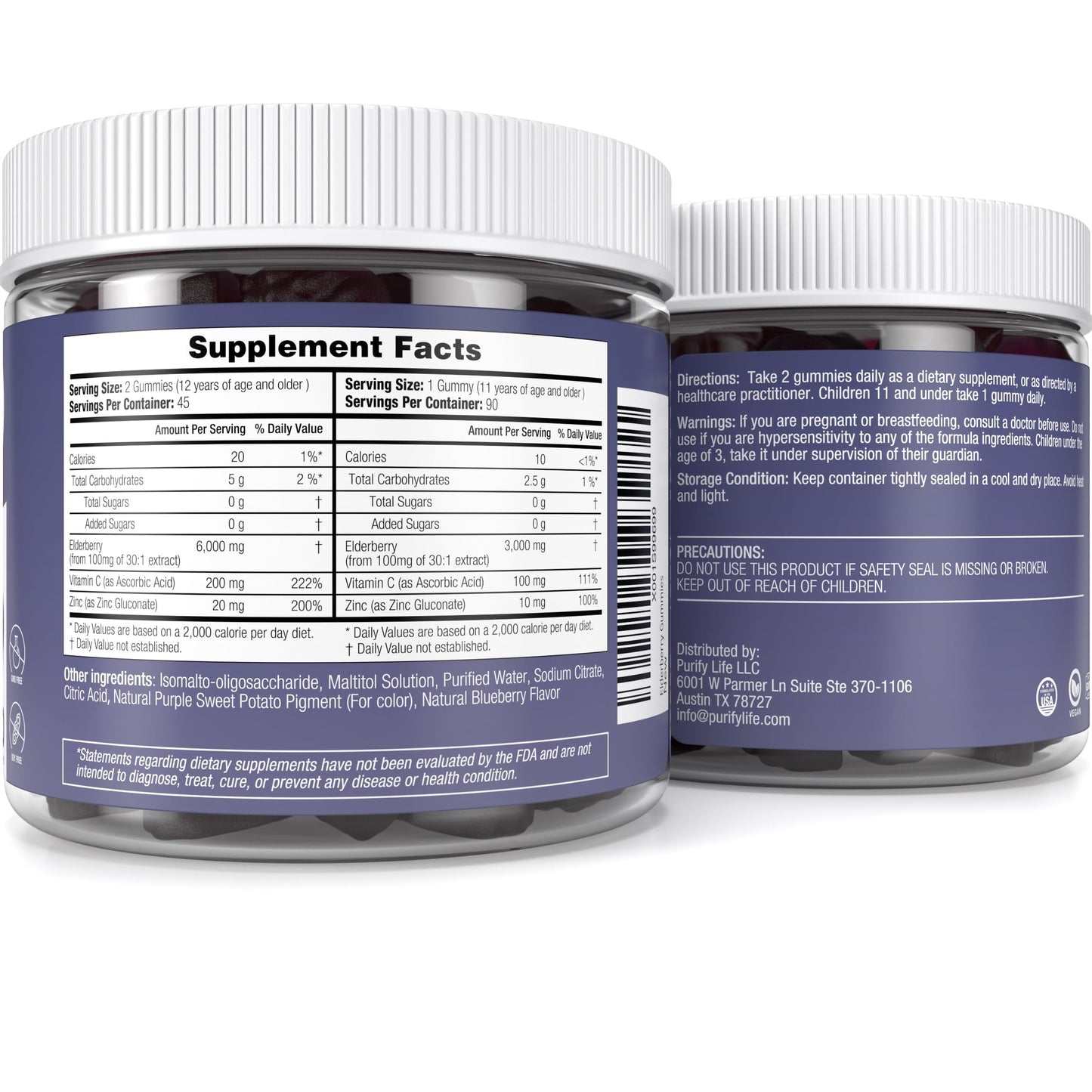 Purify Life Sugar-Free Elderberry Gummies with Vitamin C & Zinc for Adults and Kids, Immune Support Supplement for Respiratory Health, Sambucus Elderberry Antioxidant Gummies - Vegan, 90 Count