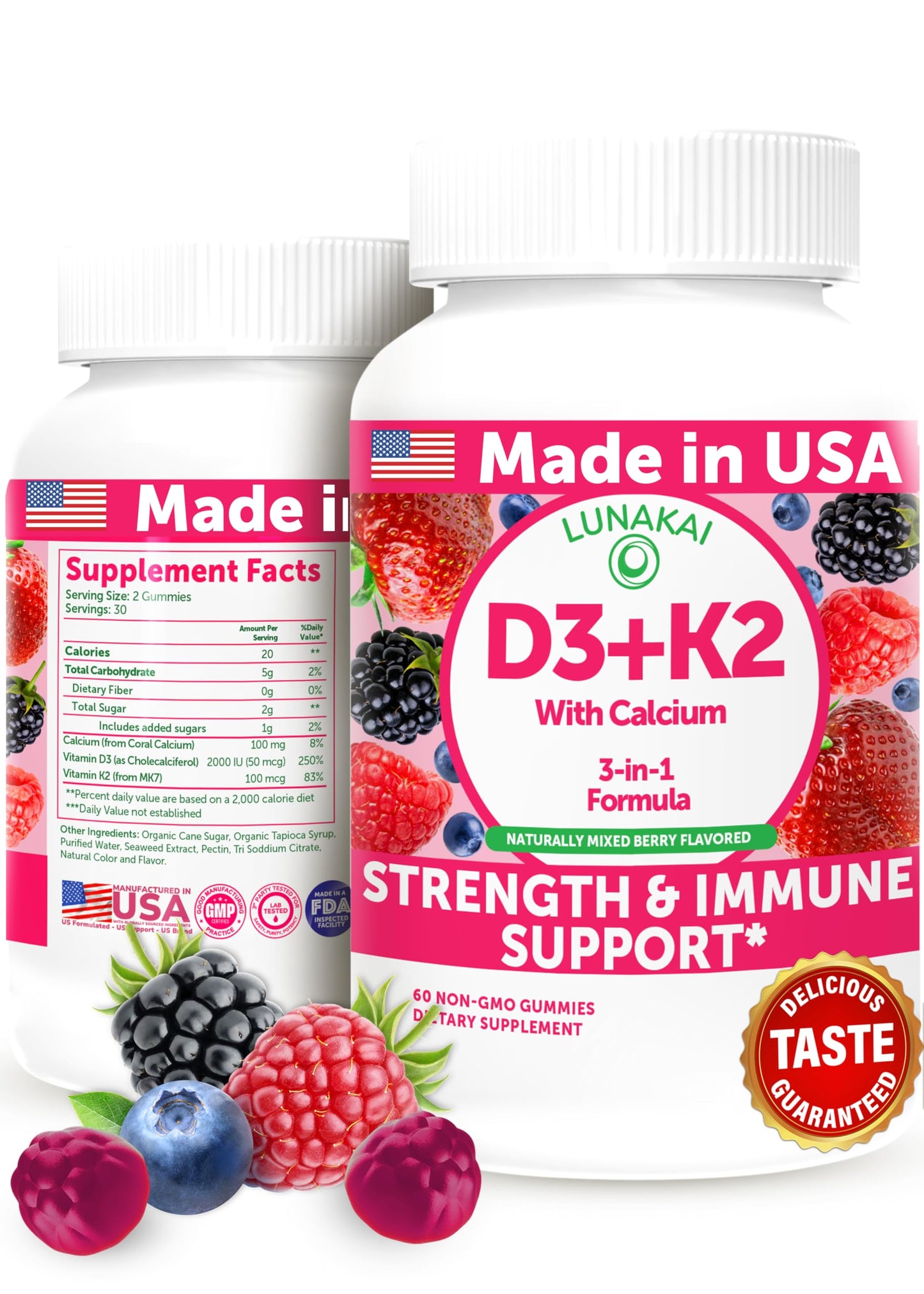 Lunakai USA Made Vitamin D3 K2 Gummies with Calcium for Women, Men & Kids - 3-in-1 Supplement for Bone Health and Immune Support, Vegan 60ct