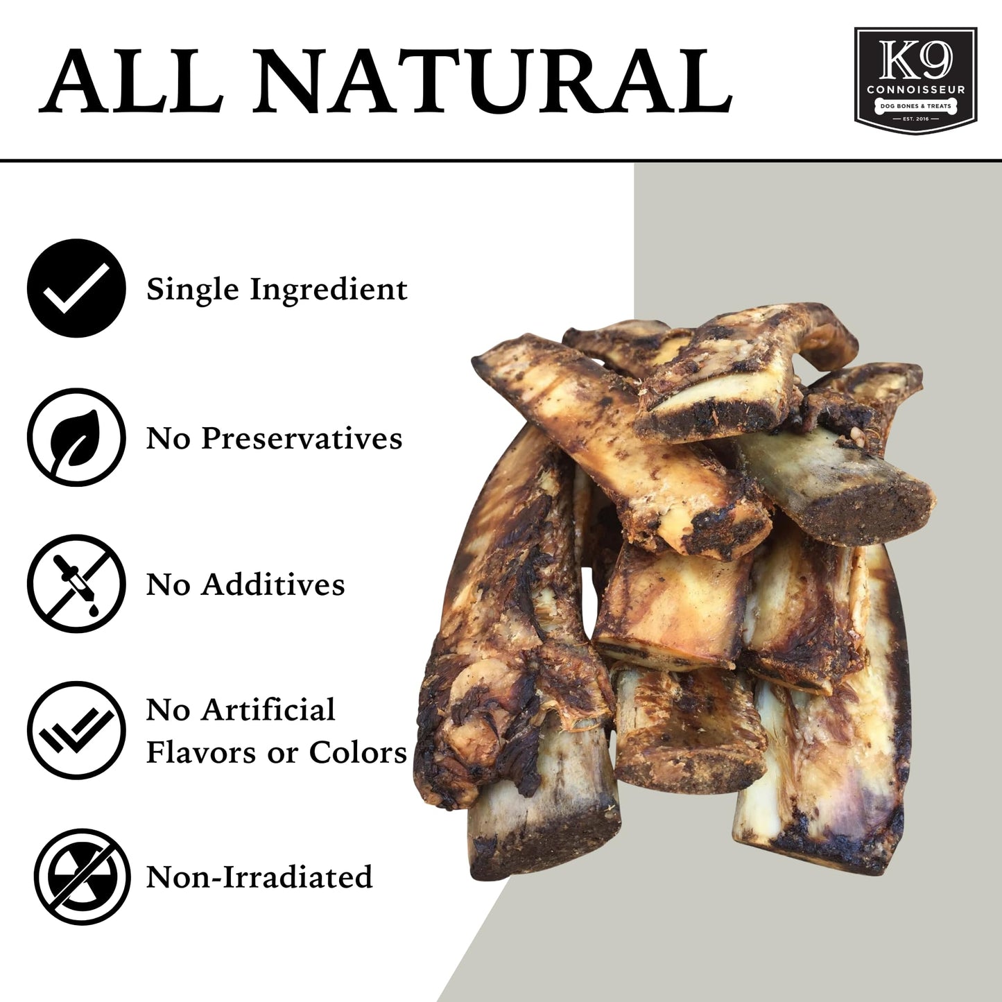 K9 Connoisseur Single Ingredient Dog Bones Made in USA - 8 to 10 Inch Long All Natural Meaty Rib Marrow Filled Bone Chew Treat Best for Medium Breed Dogs Best Upto 50 Pounds 8 Pack