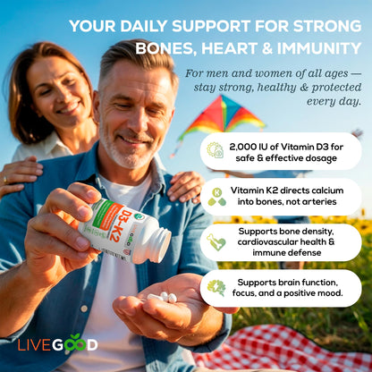 LIVEGOOD Organic D3 K2 Supplement 2000 IU, Vegan Capsules with MK-7, Pure Vitamin D3 with K2 for Immune, and Bone Support Made in the USA Organic D3 K2 Formula (60 Count)