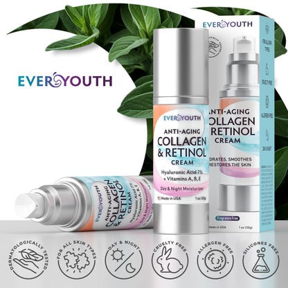 Face Moisturizer Bundle with Collagen, Retinol, Hyaluronic Acid, Niacinamide (Save 20%), Made in USA, Day & Night, for Women, Anti Wrinkle Cream for Face, Neck & Décolleté - 2x1.7oz+Travel Size 1.0oz
