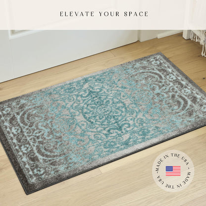 Maples Rugs Pelham Transitional Area Rugs - Made in USA - Washable, Non Slip, Indoor Carpet for Entryway, Foyer, Kitchen, and Bathroom, 1'8 x 2'10, Blue/Grey