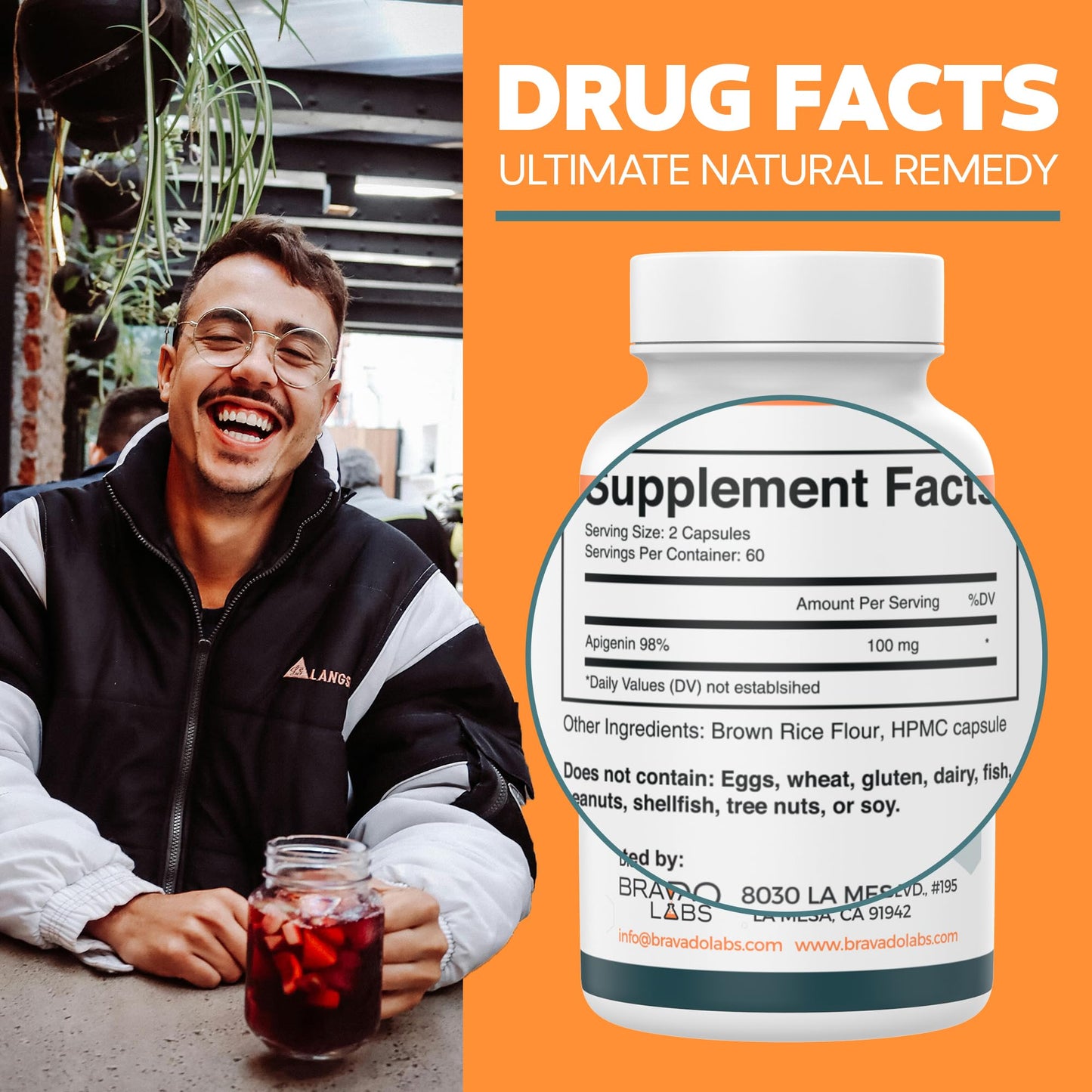 Bravado Labs Premium Apigenin Supplement - Pure, Concentrated Formula for Improved Sleep, Mood - Powerful Antioxidant Pills for Prostate and Healthy Aging Support - 120 ct