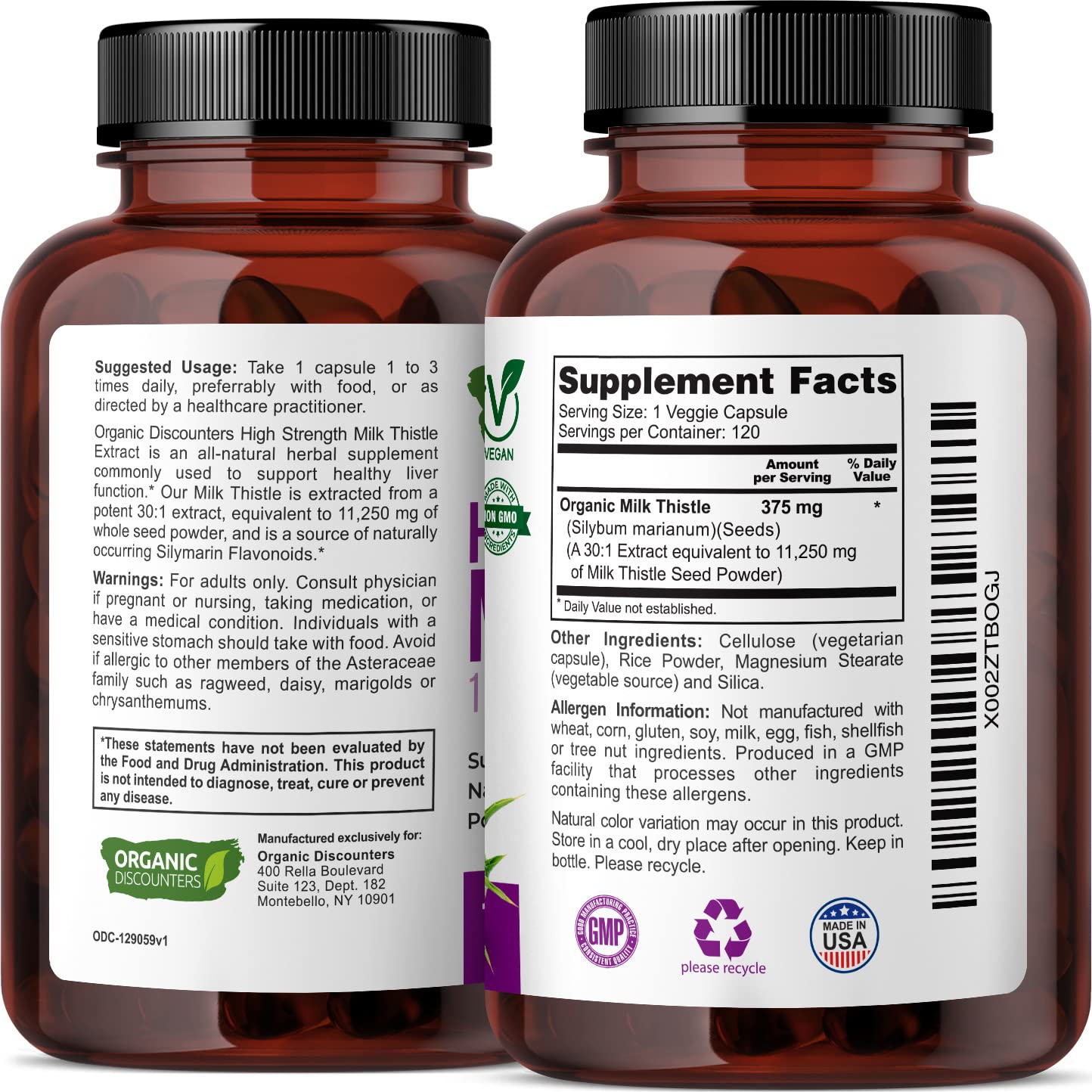 Organic Discounters High Potency Organic Milk Thistle Extract, 11,250 mg Strength, 120 Capsules, Potent 30:1 Extract, Rich in Silymarin Flavonoids, Vegan, Non-GMO and All-Natural