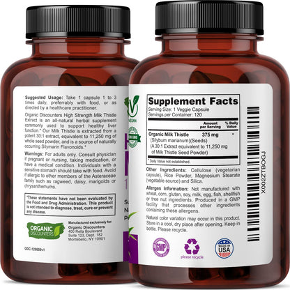 Organic Discounters High Potency Organic Milk Thistle Extract, 11,250 mg Strength, 120 Capsules, Potent 30:1 Extract, Rich in Silymarin Flavonoids, Vegan, Non-GMO and All-Natural