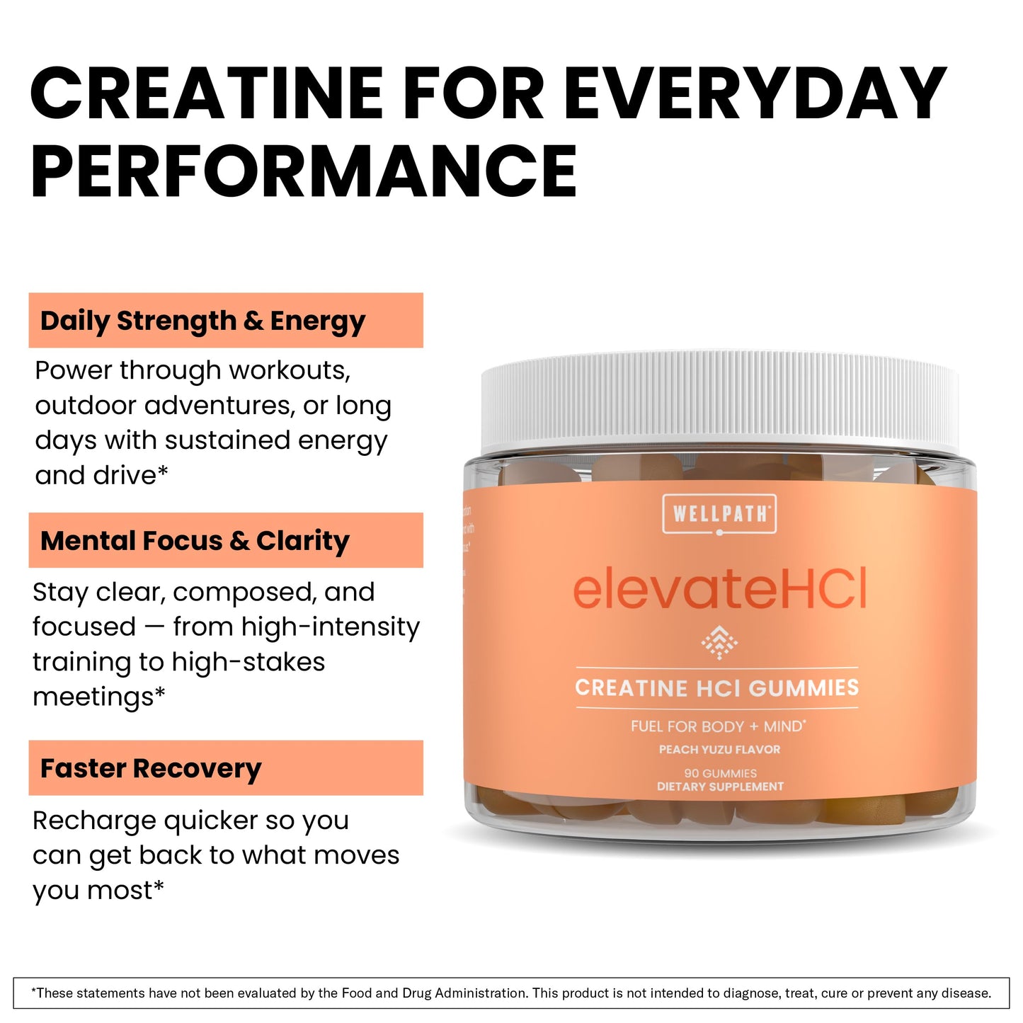 WellPath Creatine HCl Gummies 750mg – Chewable Creatine Gummies for Women and Men – 5g Creatine Monohydrate Equivalent - Cognitive & Performance Support – Vegan, Non-GMO, 90ct, Peach Yuzu Flavor