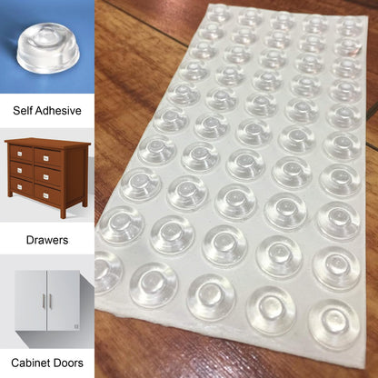 Pack of 50 Sound Dampening Cabinet Door Bumpers - Made in USA - Clear Soft Close Self Adhesive Rubber Pads - 50 PCs - Transparent Rubber Feet for Drawers, Cupboards