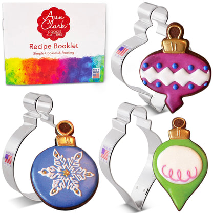 Christmas Ornaments Cookie Cutters 3-Pc Set Made in USA by Ann Clark, Teardrop Bauble, Finial, and Round Ornaments