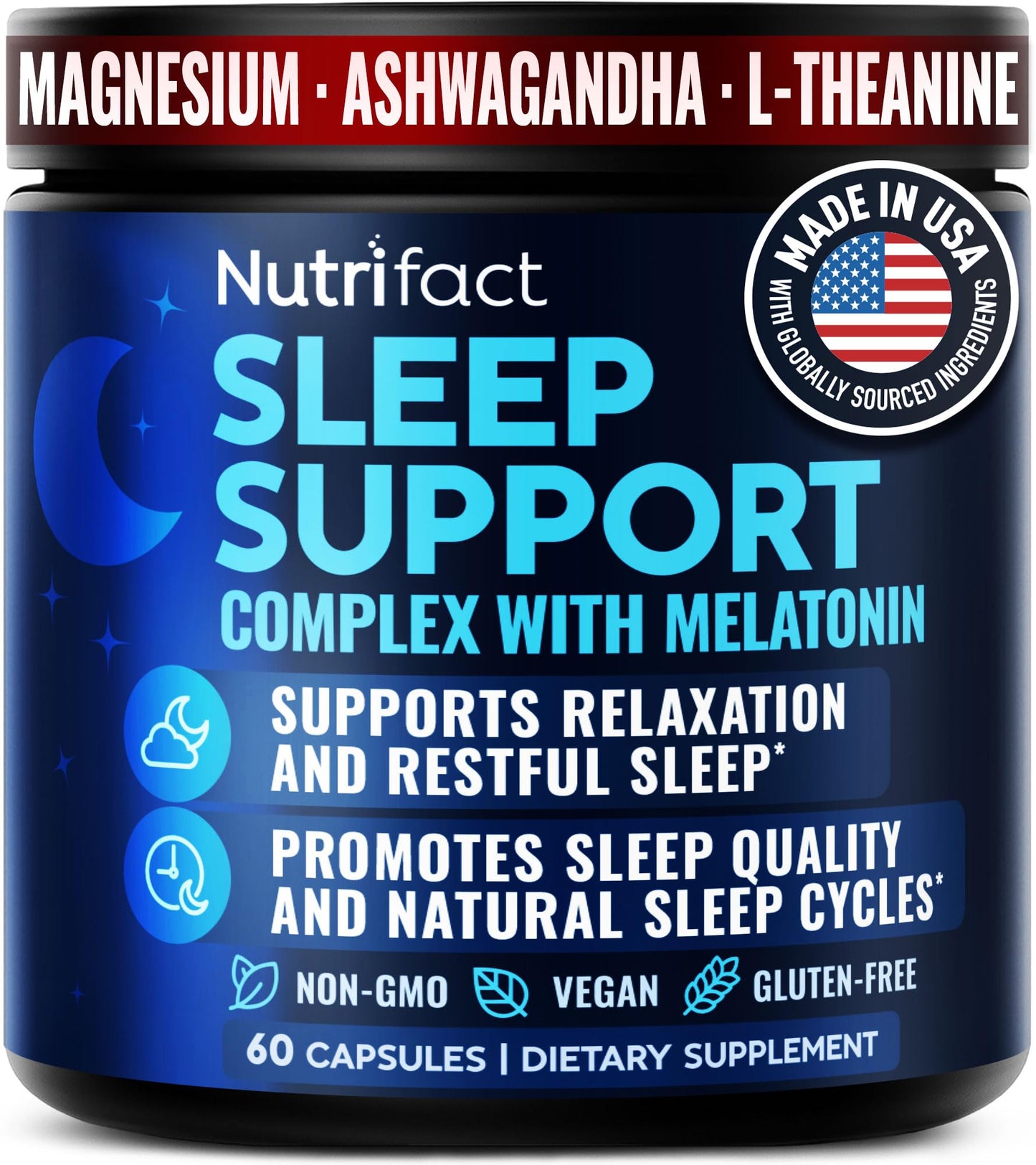Sleep Supplement with Melatonin 5mg - Made in USA, Vegan, Non-GMO, Non-Habit Forming Deep Sleep Supplements for Adults - With Magnesium Glycinate, Ashwagandha, L-Theanine, Valerian Root - 60 Capsules