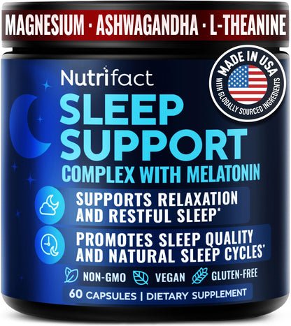 Sleep Supplement with Melatonin 5mg - Made in USA, Vegan, Non-GMO, Non-Habit Forming Deep Sleep Supplements for Adults - With Magnesium Glycinate, Ashwagandha, L-Theanine, Valerian Root - 60 Capsules