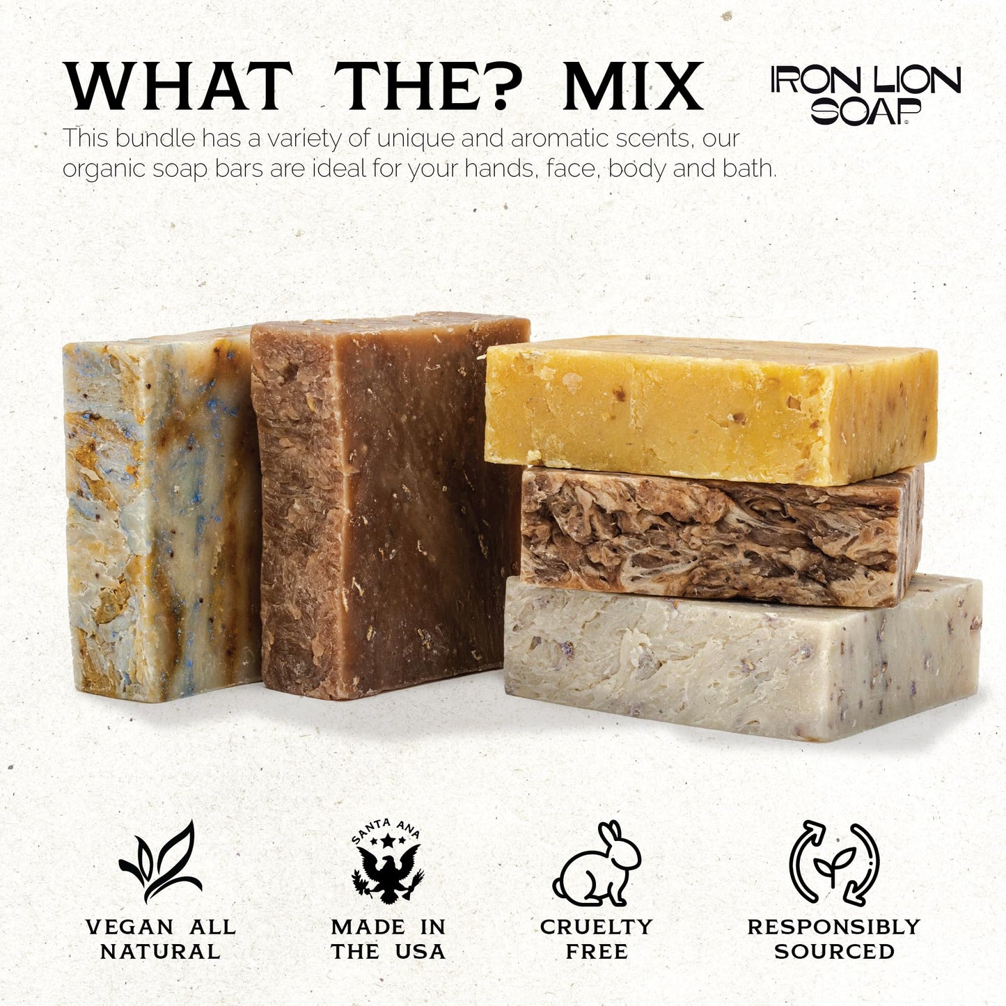 ILS Soap co - What The? Mix (Fruit Farts/Cafe Olé/Citrus I.P.A./Roasted Oats and Honey/Patchouli-Wood-Oatmeal) All Natural Bar Soap for All Skin Types - Cold Process and Handmade in the USA (5 Pack)