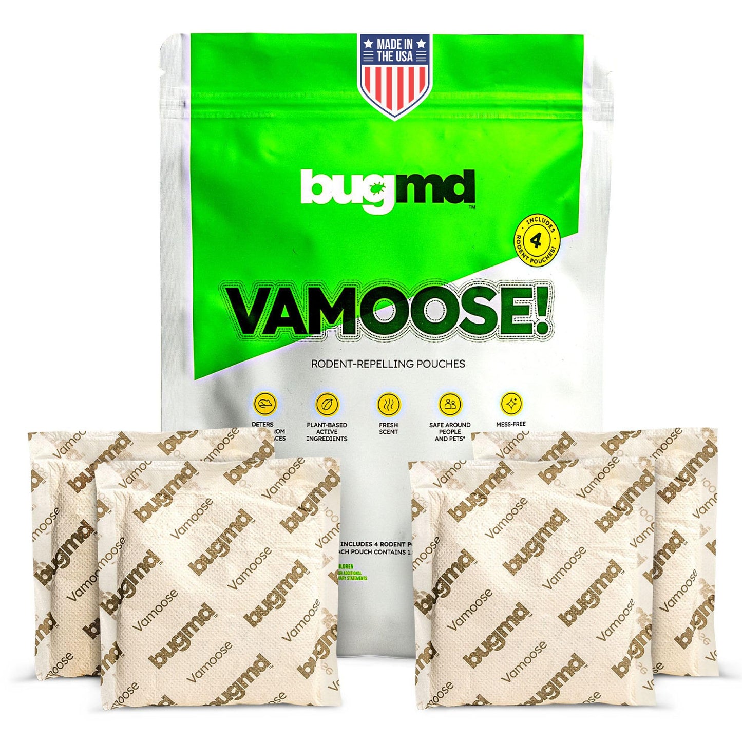 BugMD Vamoose Rodent Repellent Pouches (1 Pack, 4 Pouches) Plant-Powered Rat Repellent, Mouse Deterrent, Indoor & Outdoor Mice Repellent, Best Mouse Repellent, Natural Rat & Mouse Repellent