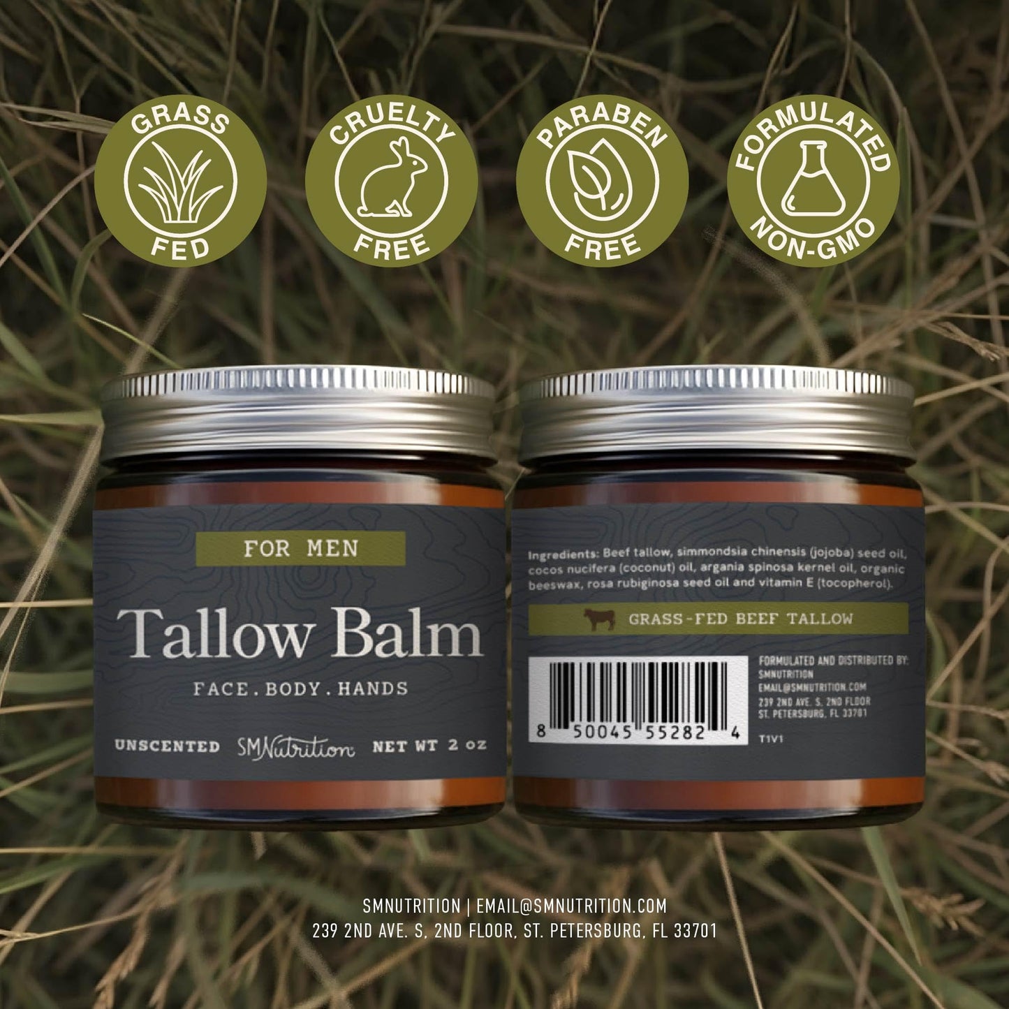 Beef Tallow Balm for Men | Face & Body | Men’s Beef Tallow for Skin Health & Barrier Support | Unscented | Moisturizing Face, Body & Hands Balm with Organic Beeswax | Grass-Fed & Cruelty-Free | 2 oz