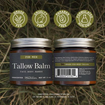 Beef Tallow Balm for Men | Face & Body | Men’s Beef Tallow for Skin Health & Barrier Support | Unscented | Moisturizing Face, Body & Hands Balm with Organic Beeswax | Grass-Fed & Cruelty-Free | 2 oz