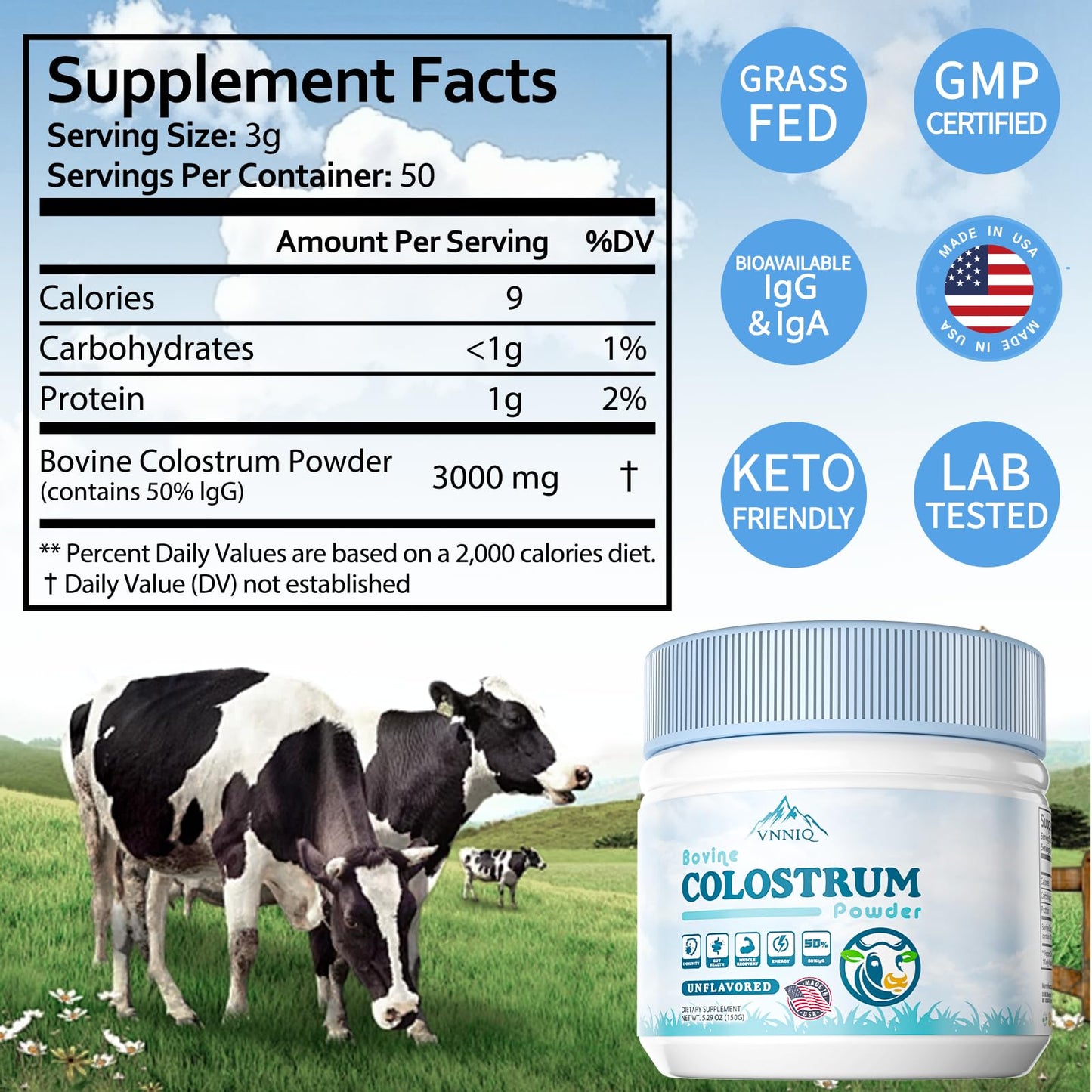 LIPOSOMAL Bovine Colostrum Supplement Powder： 3x Absorption | 3,000mg IgG | Organic Grass-Fed Farm | Ultra-Low Temp Freeze-Dried - Preserves 92% Native IgG Activity Verified by USA-Lab | 50 Servings
