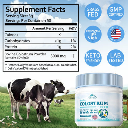 LIPOSOMAL Bovine Colostrum Supplement Powder： 3x Absorption | 3,000mg IgG | Organic Grass-Fed Farm | Ultra-Low Temp Freeze-Dried - Preserves 92% Native IgG Activity Verified by USA-Lab | 50 Servings