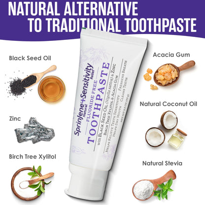 SprinJene Fluoride Free Toothpaste - Patented Natural Toothpaste with Black Seed Oil & Zinc - Made in The USA - Vegan Non Fluoride for Fresh Breath Preservative Free (1 Pack)
