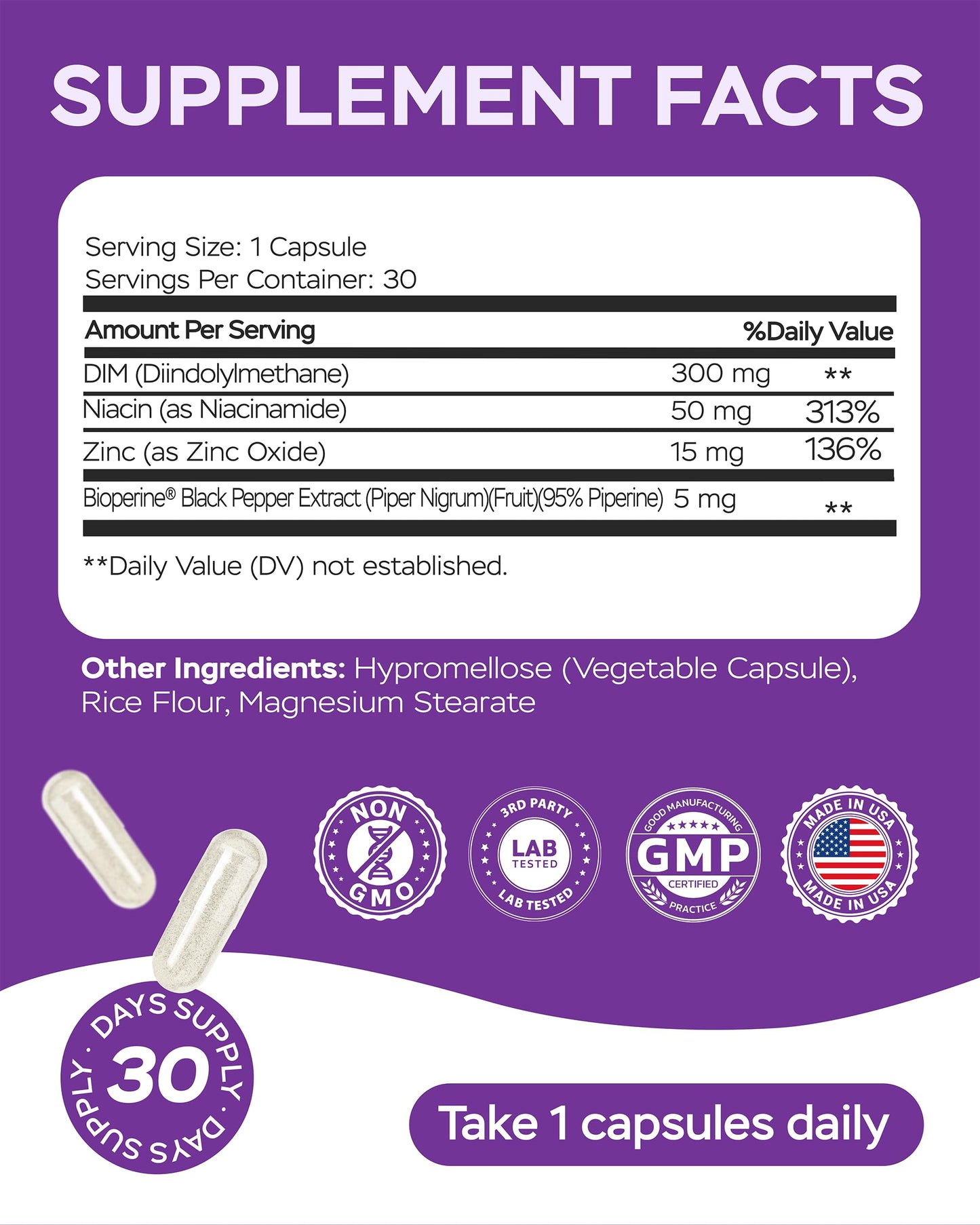 4Well Products Dim Supplement 370mg Complex with Zinc, Niacinamide - Estrogen Blocker for Women & Men, Hormone Balance - Hormonal Acne, Menopause and Antioxidant Support, Diindolylmethane 30 Capsules