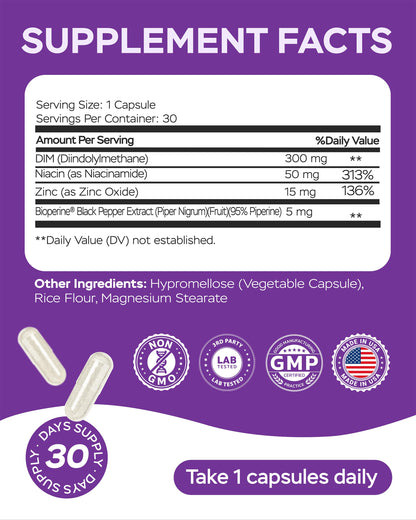 4Well Products Dim Supplement 370mg Complex with Zinc, Niacinamide - Estrogen Blocker for Women & Men, Hormone Balance - Hormonal Acne, Menopause and Antioxidant Support, Diindolylmethane 30 Capsules