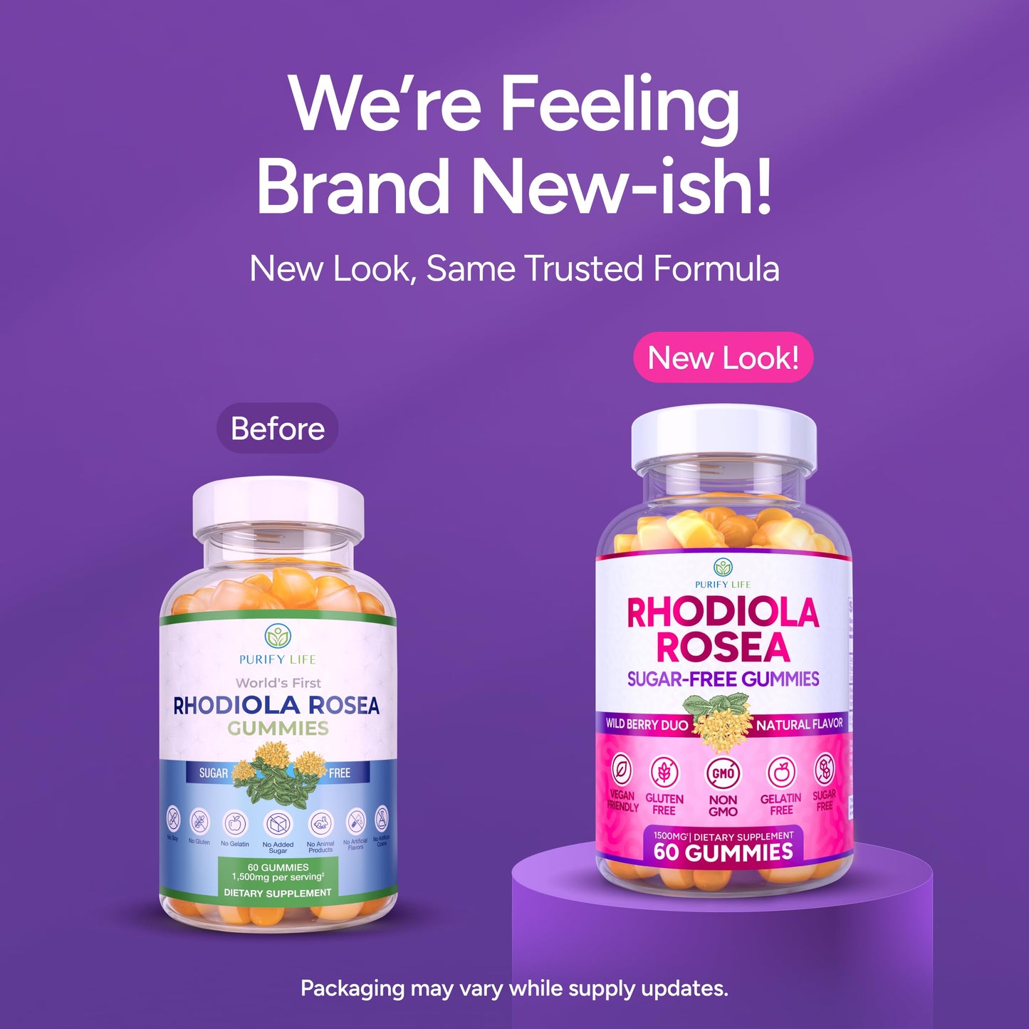 Purify Life Sugar-Free Rhodiola Rosea Gummies (1500mg/Serving) Cortisol Detox & Adrenal Support Supplement - Adaptogenic Rhodiola for Mood, Motivation, Stamina & Performance, Non-GMO, 60 Vegan Chews