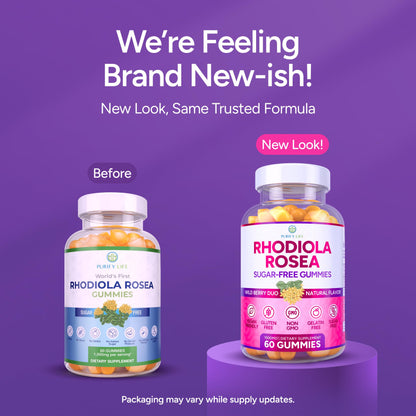 Purify Life Sugar-Free Rhodiola Rosea Gummies (1500mg/Serving) Cortisol Detox & Adrenal Support Supplement - Adaptogenic Rhodiola for Mood, Motivation, Stamina & Performance, Non-GMO, 60 Vegan Chews