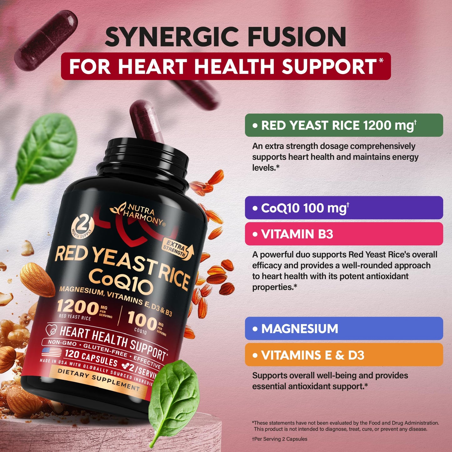 Red Yeast Rice 1200 mg with CoQ10 100 mg - with Magnesium | Niacin | Vitamin E & D3 - Heart Health Support, Energy & Metabolism - Effective, Flush-free & Laboratory Tested - Made in USA, 120 Capsules