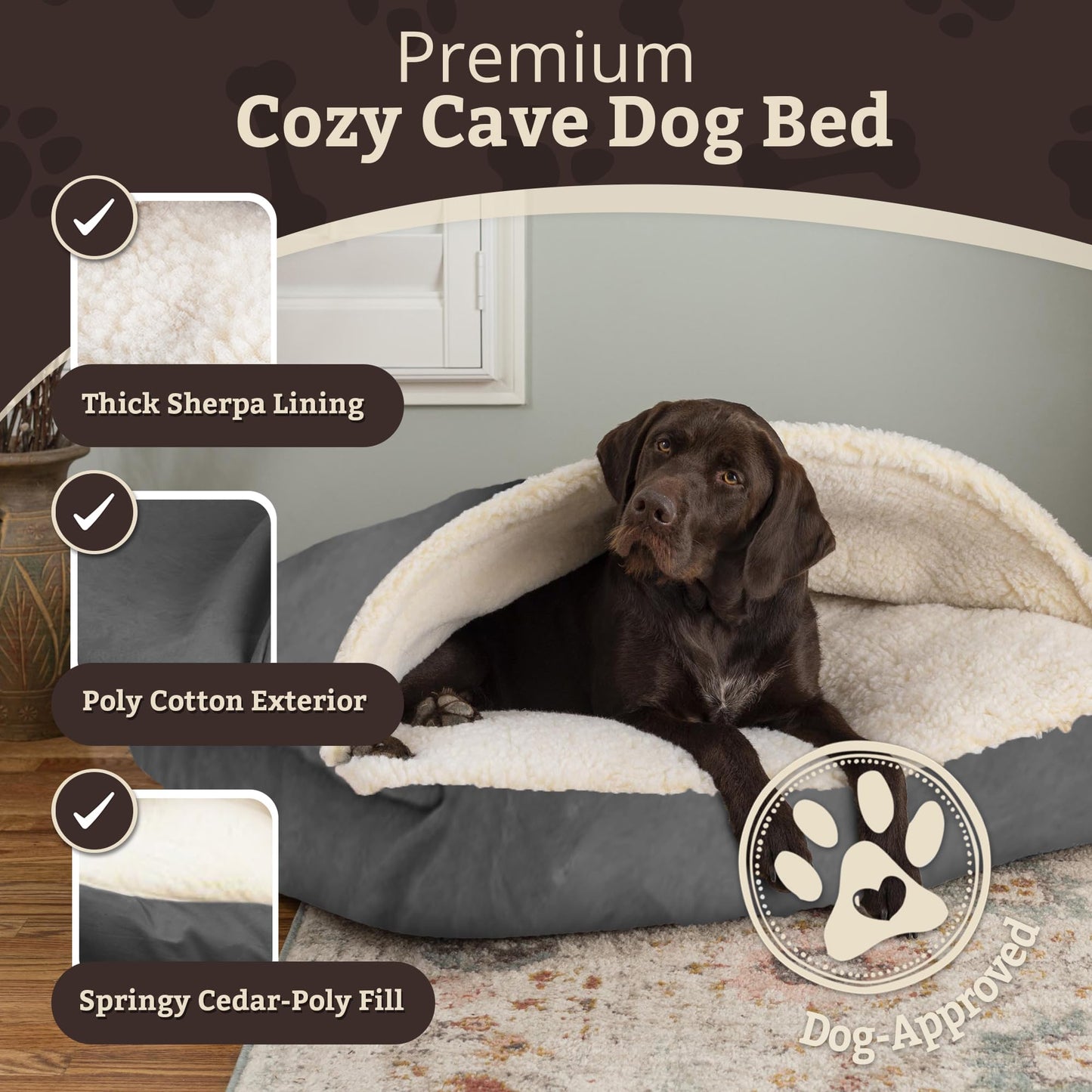 Snoozer Rectangle Cozy Cave Dog Bed - Indoor Dog Bed with Cover Cave, Covered Calming Burrow for Small Sized Pets with Blanket Attached, Enclosed, Washable - Small, Heather Gray