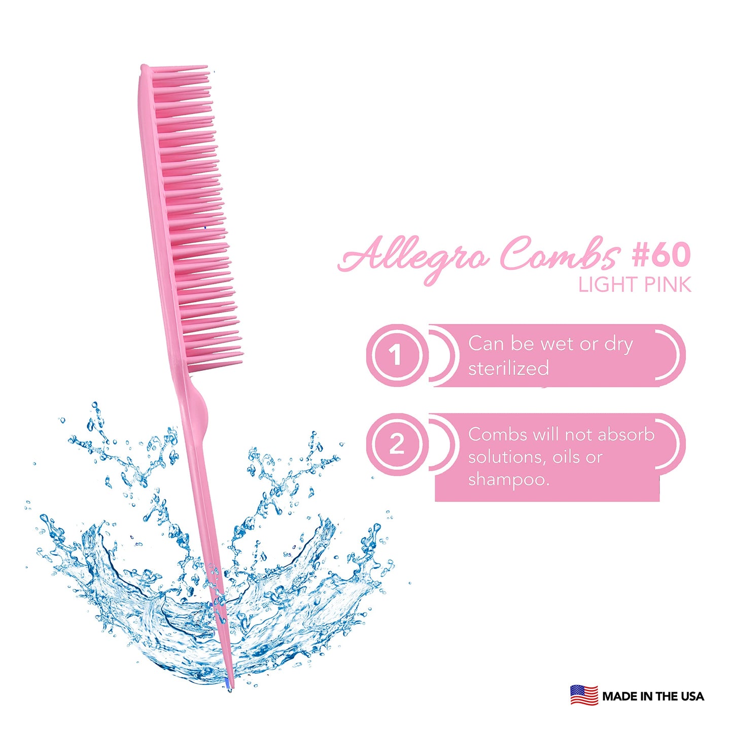 Allegro Combs 60 Parting Three Row Combs Salon Hairstylist Hairdresser Detangle Combs For Natural Hair And Wigs For Curly Hair Made In The Usa 2 Pcs. (Light Pink)