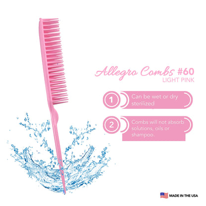 Allegro Combs 60 Parting Three Row Combs Salon Hairstylist Hairdresser Detangle Combs For Natural Hair And Wigs For Curly Hair Made In The Usa 2 Pcs. (Light Pink)
