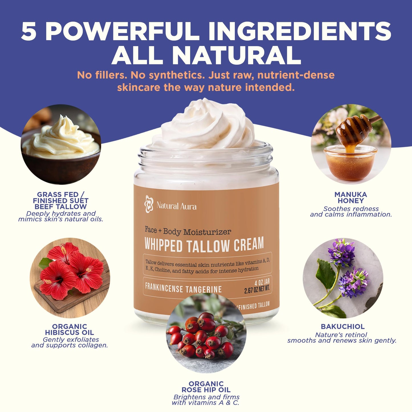 Whipped Beef Tallow for Skin - Face + Body Moisturizer, 100% Grass Fed Grass Finished Tallow and Honey Balm for Sensitive Skin - Natural Lotion - Free of Harsh Chemicals - 4oz, (Citrus Frankincense)