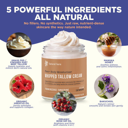Whipped Beef Tallow for Skin - Face + Body Moisturizer, 100% Grass Fed Grass Finished Tallow and Honey Balm for Sensitive Skin - Natural Lotion - Free of Harsh Chemicals - 4oz, (Citrus Frankincense)
