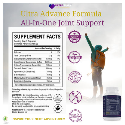 UltraMary+ Joint Support w/Glucosamine, Chondroitin, MSM, Turmeric & Boswellia – Mobility & Flexibility – 90 Capsules – Suplemento Articulaciones – Made in USA – Advanced Formula