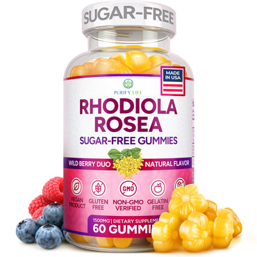 Purify Life Sugar-Free Rhodiola Rosea Gummies (1500mg/Serving) Cortisol Detox & Adrenal Support Supplement - Adaptogenic Rhodiola for Mood, Motivation, Stamina & Performance, Non-GMO, 60 Vegan Chews