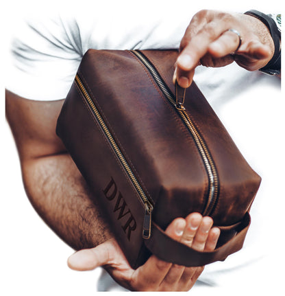 Mens Waterproof Dopp Kit – Crafted in USA – Ideal Gift for Husband, Dad, Groomsmen, Boyfriend & Father Day – Genuine Leather Toiletry Bag Customized Name or Initials – Personalized Travel Bag for Men