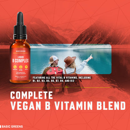 BASIC GREENS Vitamin B Complex Liquid Drops - Strength Sublingual Formula, Maximizes Absorption & Boosts Energy - B1, B2, B3, B5, B6, B7, B9, B12 - Natural Vegan Supplement for Immunity (B Complex)