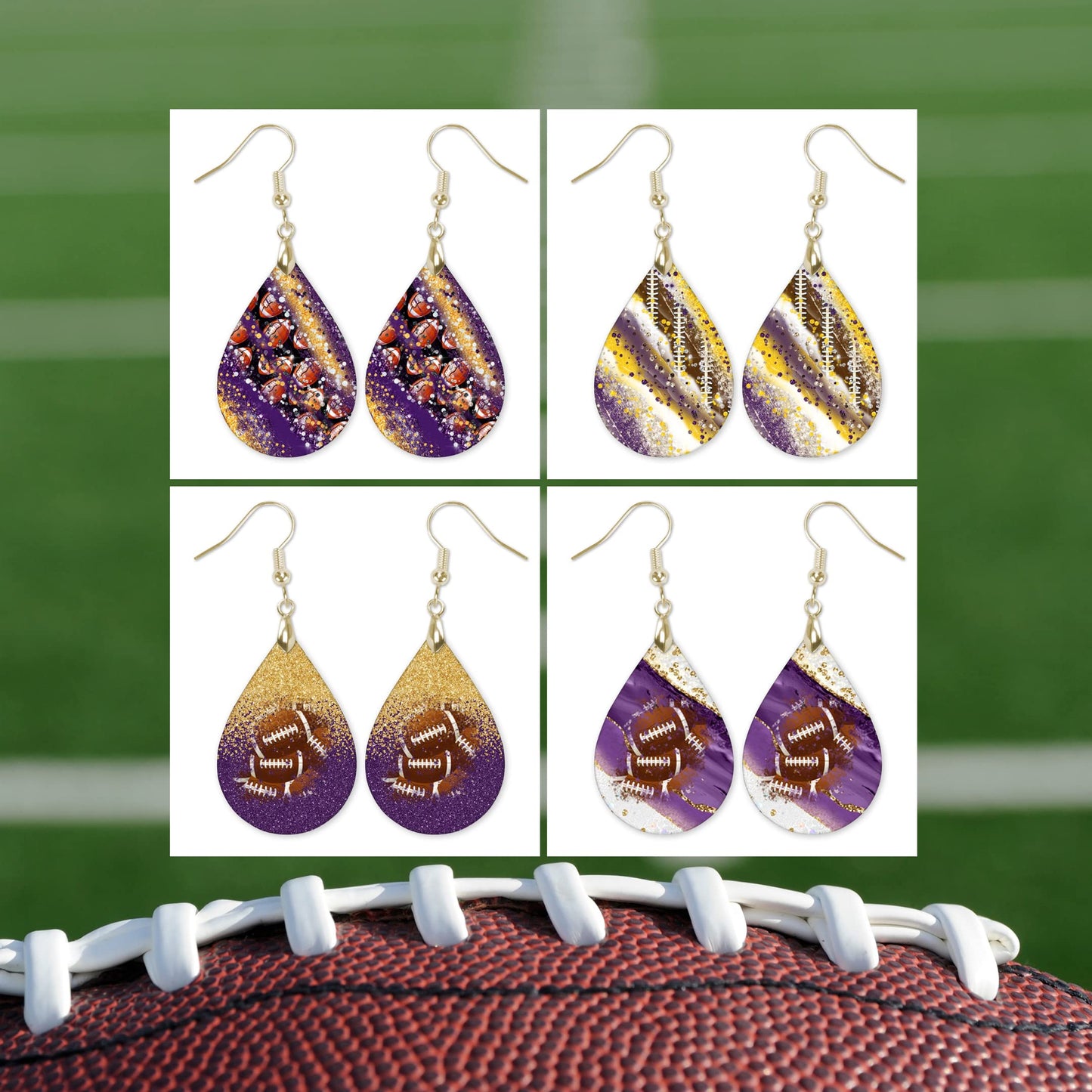 Purple Football Earrings for Women with Gold Gameday School Team Spirit Fan Jewelry Gift Handmade by The Painted Pug (Purple Gold Faux Glitter)